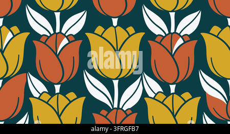 Bohemian floral pattern featuring vintage style orange tulips on dark teal Stock Vector