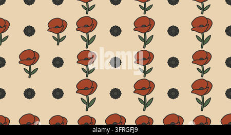Seamless floral pattern featuring red poppies and dark dots Stock Vector