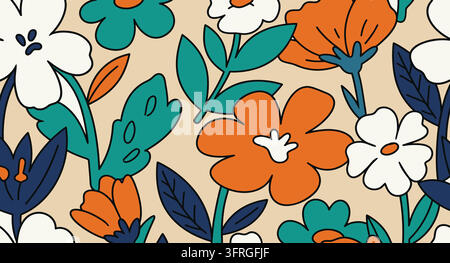 Seamless floral pattern with hand drawn stylized flowers and leaves Stock Vector