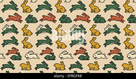 Seamless pattern of jumping rabbits in various earth tone colors with wildlife Stock Vector