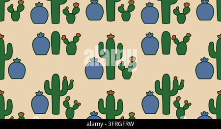 Seamless pattern featuring green cacti and blue decorative vases Stock Vector