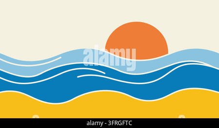 Stylized ocean waves with a setting sun above a sandy beach shore Stock Vector