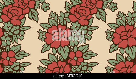 Vintage style seamless floral print featuring blooming red roses Stock Vector