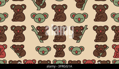 Seamless pattern of adorable koala bears sitting on branches with bear Stock Vector