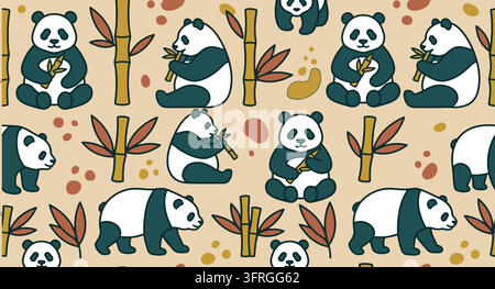 Cute panda bear pattern with bamboo shoots on light beige backdrop Stock Vector