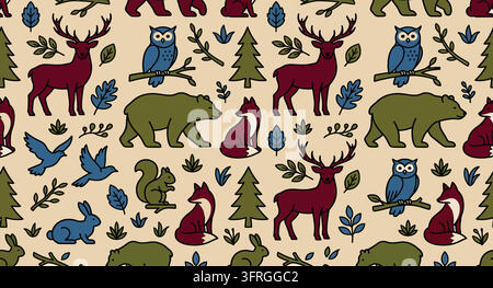 Rustic woodland forest animal seamless pattern featuring deer and owls Stock Vector