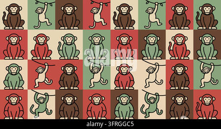 Repeating pattern of cute monkeys in various poses on a multi colored background Stock Vector