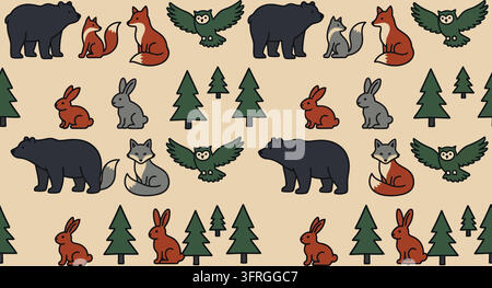 Seamless woodland wildlife pattern with bears foxes rabbits and owls among Stock Vector
