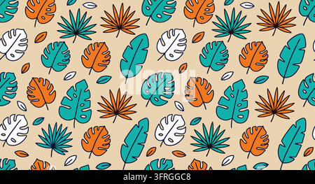 Colorful tropical leaves pattern on light background with palm monstera Stock Vector
