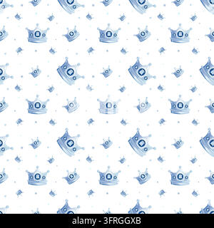 Blue cute prince pattern seamless on a white background. Crown prince seamless pattern. Newborn boy. Ideal for baby birthday cards, shower invitations Stock Vector