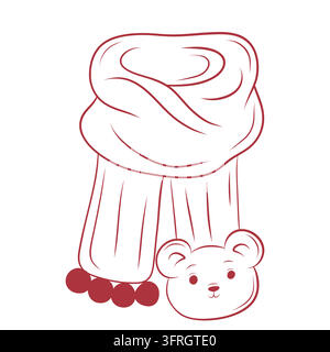 Vector illustration of a knitted winter scarf with a cute bear face Stock Vector