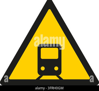 Yellow triangular warning sign with a train front on rails. Own-design pictogram in the style of ISO 7010 safety signs; not the official standard symb Stock Vector