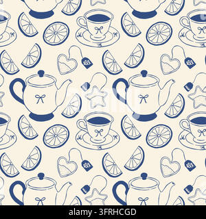 Charming blue line art pattern featuring teapots, teacups with saucers, lemon slices, and heart tea bags. Mediterranean ceramic vector design ideal Stock Vector