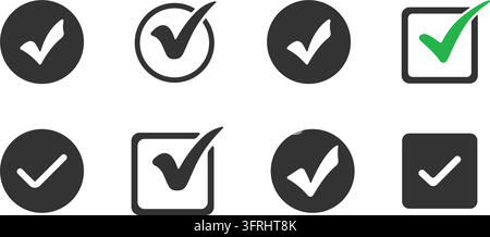 Set of check mark icons with tick symbols in circles and square checkboxes, approval, survey, test and voting design elements. Stock Vector