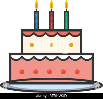 Flat vector illustration of a two tier birthday cake with icing, cherries and three lit candles, isolated on a white background. Stock Vector