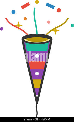 Flat vector illustration of a striped party popper cone bursting with confetti, streamers and sparkles, isolated on a white background. Stock Vector