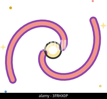 Flat vector illustration of a spiral galaxy with purple and pink arms, a golden core and stars, isolated on a white background. Stock Vector