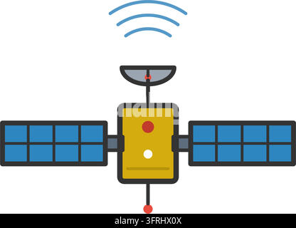 Flat vector illustration of a communication satellite with solar panel wings and a dish antenna, isolated on a white background. Stock Vector