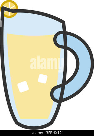 Flat vector illustration of a glass lemonade pitcher with ice cubes and a lemon slice on the rim, isolated on a white background. Stock Vector
