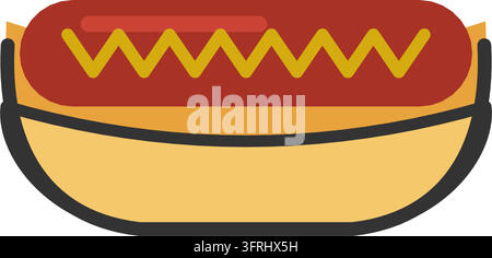 Flat vector illustration of a hot dog with grilled sausage in a soft bun topped with yellow mustard, isolated on a white background. Stock Vector