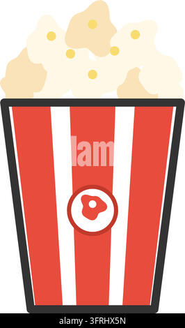 Flat vector illustration of a tall red and white striped bucket heaped with buttered popcorn, isolated on a white background. Stock Vector
