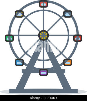 Flat vector illustration of a Ferris wheel with colourful gondolas on a metal A-frame stand, isolated on a white background. Stock Vector