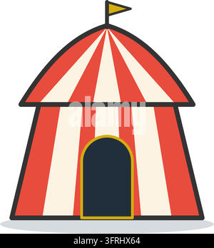 Flat vector illustration of a circus big top tent with red and cream stripes, canopy roof and flag, isolated on a white background. Stock Vector