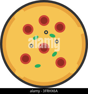 Flat vector illustration of a whole round pepperoni pizza with melted cheese, basil and olives, isolated on a white background. Stock Vector
