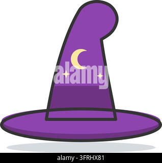 Purple wizard hat with a bent floppy tip, wide brim and a gold crescent moon and stars. Flat vector illustration, isolated on a white background. Stock Vector