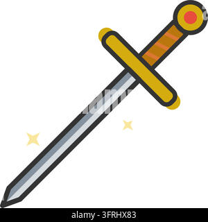 Medieval knight sword with a steel blade, gold crossguard, wrapped grip and a gem pommel. Flat vector illustration, isolated on a white background. Stock Vector