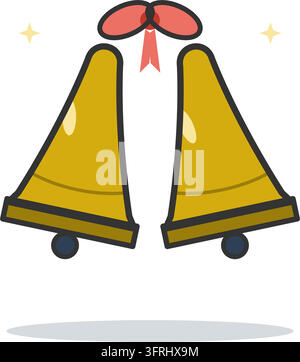 Pair of golden wedding bells tied together with a red ribbon bow. Flat vector illustration, isolated on a white background. Stock Vector