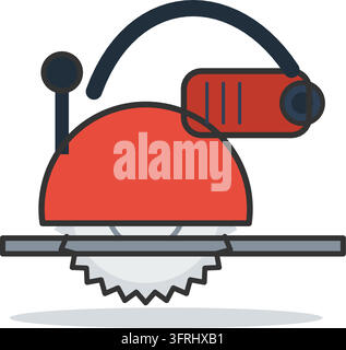 Electric circular saw with a toothed round blade, red guard, base plate and top handle. Flat vector illustration, isolated on a white background. Stock Vector