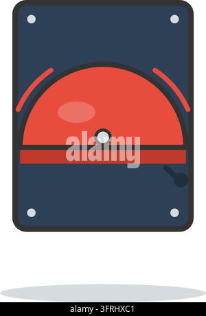Red fire alarm bell gong on a dark wall backplate with a striker and sound waves. Flat vector illustration, isolated on a white background. Stock Vector