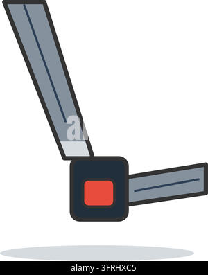 Car seat belt with grey webbing straps, metal tongue plate and a red release buckle. Flat vector illustration, isolated on a white background. Stock Vector