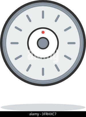 Round ceiling smoke detector with vent slots, a test button and a red indicator light. Flat vector illustration, isolated on a white background. Stock Vector