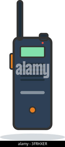 Black walkie-talkie two way radio with antenna, top knob, screen and speaker grille. Flat vector illustration, isolated on a white background. Stock Vector