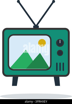 Retro television set with rabbit ear antennae, control knobs, speaker slits and a screen. Flat vector illustration, isolated on a white background. Stock Vector