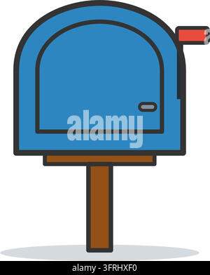 Blue mailbox with a rounded top, front door, handle and raised red flag on a wooden post. Flat vector illustration, isolated on a white background. Stock Vector