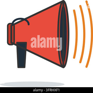Red megaphone bullhorn with a pistol grip handle and orange sound waves. Flat vector illustration, isolated on a white background. Stock Vector