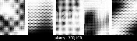 Black and white halftone poster cover set. Comic grain template overlay collection. Grunge dotted gradient texture bundle. Retro pixelated bitmap backdrop pack. Gritty sand noise frames. Vector Stock Vector