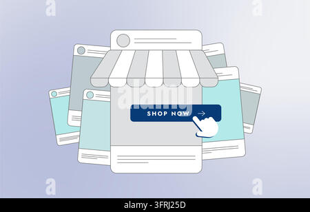 Social commerce for shopping through social media, combining discovery, product browsing and purchases. Social shopping, digital storefronts and mobile commerce for modern retail, vector illustration. Stock Vector