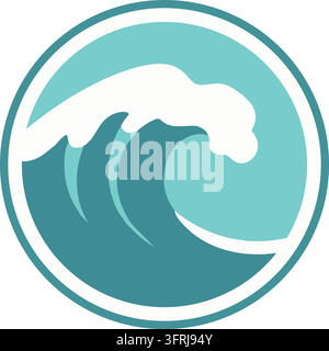 Flat illustration of a circular marine badge containing a large teal breaking wave with layered dark sections and white foam Stock Vector