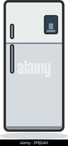 Tall stainless steel refrigerator with top freezer door, water dispenser and long handles, flat vector illustration isolated on white background. Stock Vector