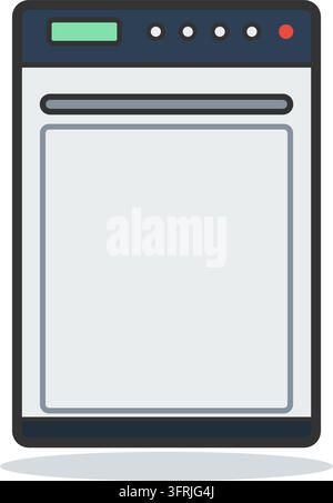 Built in dishwasher with flat steel front, top control strip, display and bar handle, flat vector illustration isolated on a white background. Stock Vector