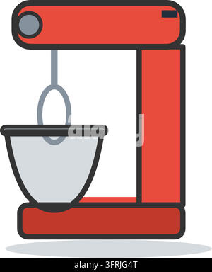 Red electric stand mixer with tilting head, flat beater and stainless steel mixing bowl, flat vector illustration isolated on white background. Stock Vector