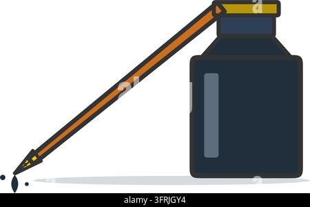 Calligraphy dip pen with gold nib beside a dark glass ink bottle, flat vector illustration isolated on a white background. Stock Vector