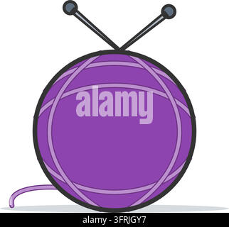 Purple ball of yarn with knitting needles and a trailing strand, flat vector illustration isolated on a white background. Stock Vector