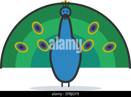 Peacock with a large fanned tail full of colourful eye spots, vivid blue body and crest, flat vector illustration isolated on a white background. Stock Vector