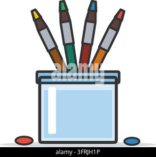 Four artist paint brushes with paint tipped bristles in a glass jar, flat vector illustration isolated on a white background. Stock Vector