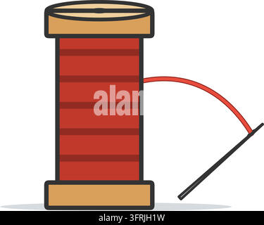 Wooden spool of red sewing thread with a needle and thread strand, flat vector illustration isolated on a white background. Stock Vector